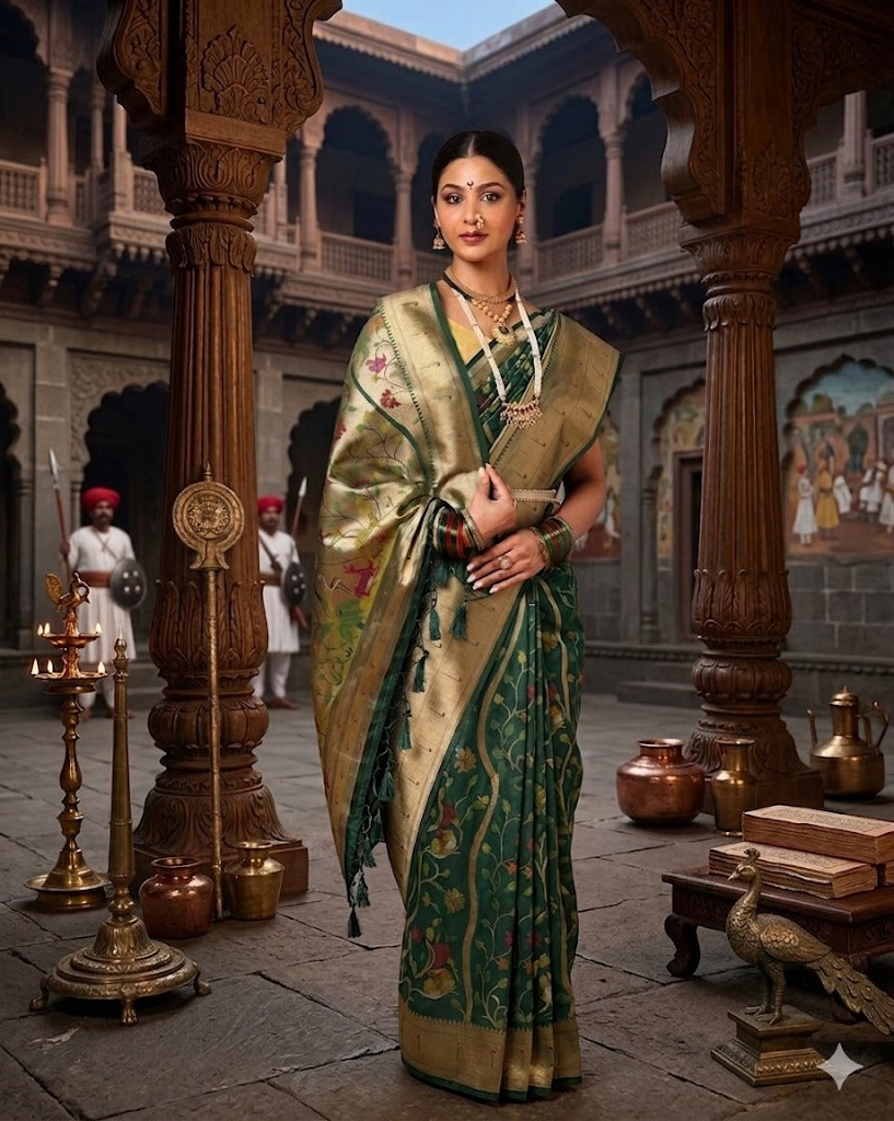 Dark Green Woven Design Dola Silk Saree