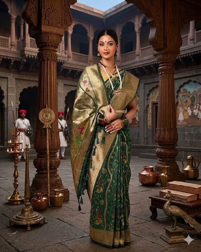 Dark Green Woven Design Dola Silk Saree